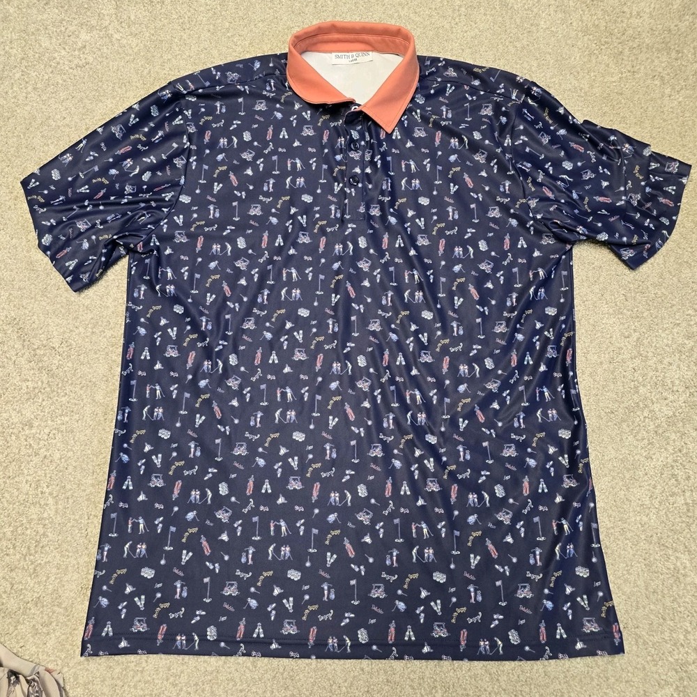 Smith & Quinn Mens Golf Shirt Blue Golf‎ Cart Print Stretch Performance Sz L